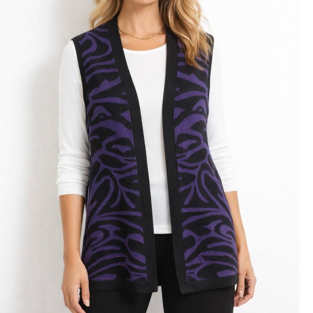 Chico's Silk Blend Cardigan Vest Open Front Zebra Officecore Layering Size 2 (L)